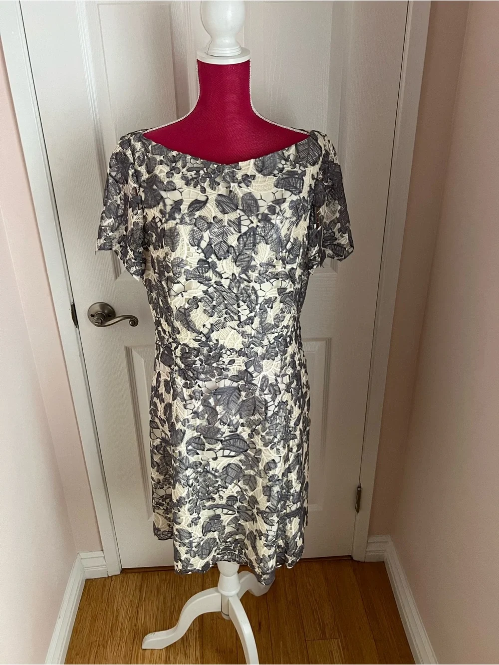 Tory Burch Floral Lace Overlay A-Line Dress - Cream & Gray